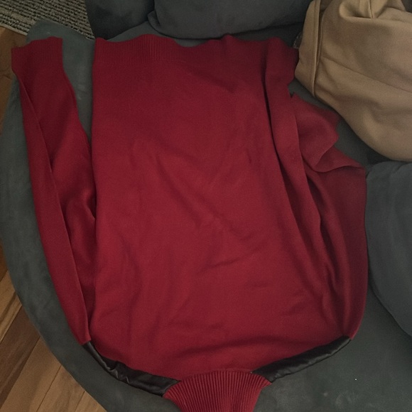 Men's XL INC novelty sweater bright rhubarb, faux leather shoulders, semi-zip - Picture 5 of 6